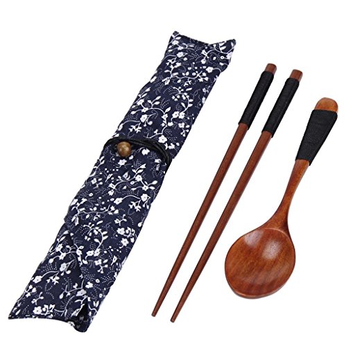 Chopsticks,Clode® 1 Set Portable Wooden Chopsticks Spoon Tableware Set Vintage   Blue Bag (style 3)