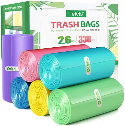 2.6 Gallon/330pcs Strong Trash Bags Colorful Clear Garbage Bags by Teivio, Bathroom Trash Can Bin Liners, Small Plastic Bags for home office kitchen,fit 10 Liter, 2,2.5,3 Gal, Multicolor