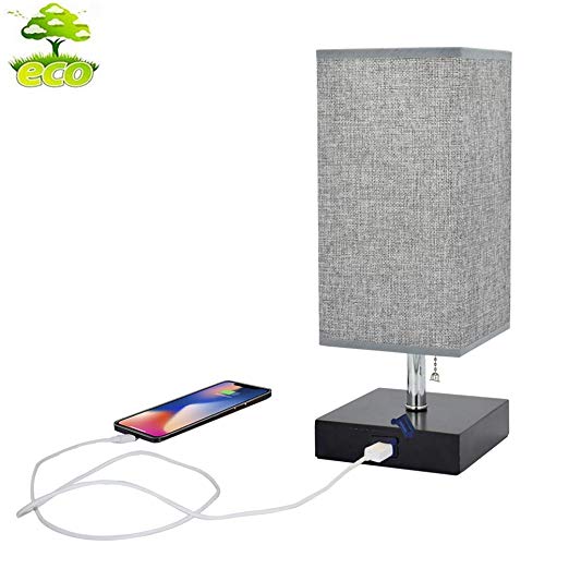 Grey USB LED Wooden Bedside Table Lamp,Modern Desk Lamp,Square Nightstand Light with Comfortable Lighting and USB Port Good for Bedroom,Living Room,College Dorm, Coffee Table