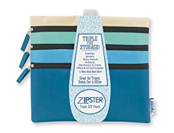 One Blue ORGANIZER Zipster ~ Triple Zip Storage Pouch ~ Storage/Toileterie/School Suppliers/Baby/Travel/Office/Car/Beauty/Gift Holidays Christmas