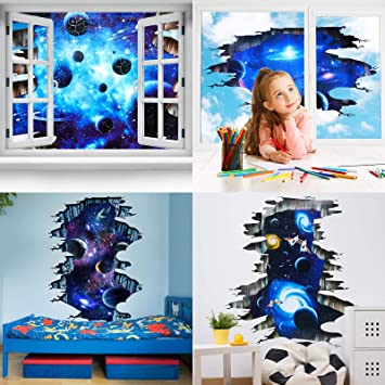 4 Set 3D Blue Galaxy Wall Stickers Universe Scene Cosmic Galaxy Removable Wall Mural Decals for Kids Bedroom Home Walls Floor Ceiling