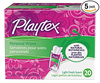 Playtex Personal Cleansing Cloths Singles, Light Fresh Scent 20ct Boxes(Pack of 5)