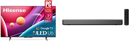 Hisense ULED 4K Premium 55U6H Quantum Dot QLED Series 55-Inch Smart Google TV, Dolby Vision Atmos, Voice Remote (2022 Model) & HS214 2.1ch Sound Bar with Built-in Subwoofer, 108W, 3 EQ Modes