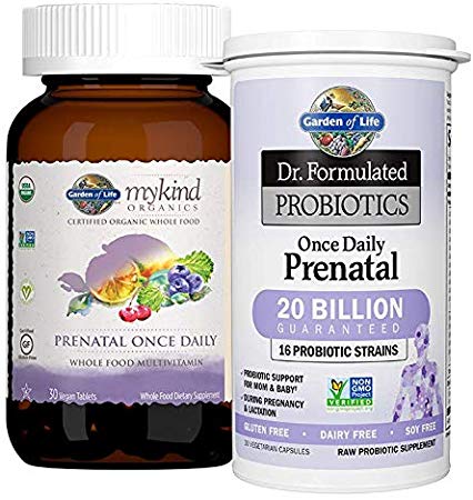 Garden of Life Once Daily Prenatal Bundle: mykind Organics Prenatal Once Daily Multivitamin, 30 Vegan Tablets Plus Dr. Formulated Once Daily Prenatal Probiotics 20 Billion CFU, 30 Vegetarian Capsules