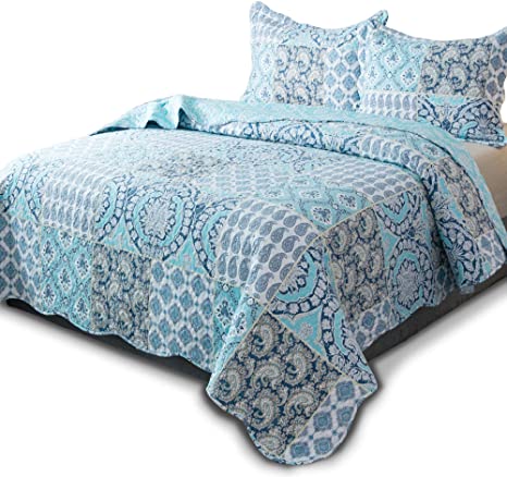 KASENTEX Country-Chic Printed Pre-Washed Quilt Set - Microfiber Fabric Quilted Pattern Bedding (Multi-Blue B, Twin   1 Sham)