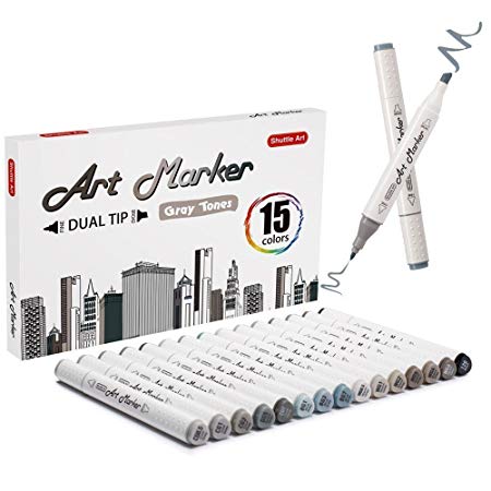 Shuttle Art 15 Colors Grey Tones Dual Tip Art Marker, Permanent Marker Pens Double Ended with Fine Bullet and Chisel Point Tips Perfect for Drawing,Shading,Sketching,Designing,Outlining,Illustrating