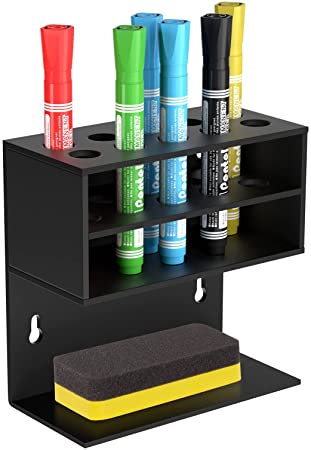 HIIMIEI Dry Erase Marker Holder for Whiteboard, Wall Mounted 2-Tier 10-Slot Black Acrylic Marker Organizer Stand for School Office Home