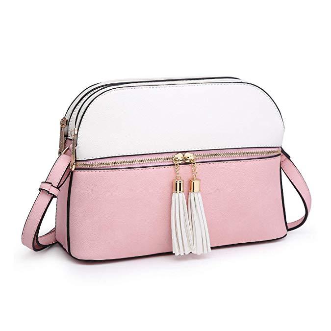 Women's Triple Compartment Crossbody Bag Fashion Shoulder Bag w/Front Tassel Zipper Pocket