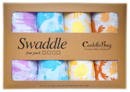 Muslin Baby Swaddle Blankets 4 Pack - CuddleBug 47 x 47 inch Large Muslin Swaddles - Soft Cotton Blankets - Baby Shower Gift - Perfect for Nursery Sets - Unisex - Lifetime Guarantee Animal Print