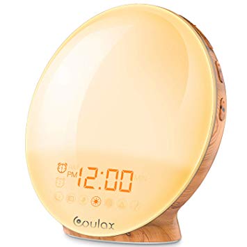 COULAX Wake Up Light 2019 Latest Wood Grain Sunrise Alarm Clock Sunset Simulation Night Light with Nature Sounds, FM Radio, Snooze Function and Atmosphere Lamp Function