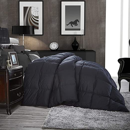 Luxurious All-Season Goose Down Comforter Twin Size Duvet Insert, Classic Black, Premium Baffle Box, 1200 Thread Count 100% Egyptian Cotton Cover, 50 oz Fill Weight (Twin, Black)