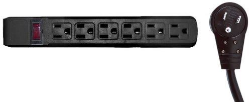 Surge Protector, Flat Rotating Plug, 6 Outlet, Black Horizontal Outlets, Plastic, Power Cord 4 foot