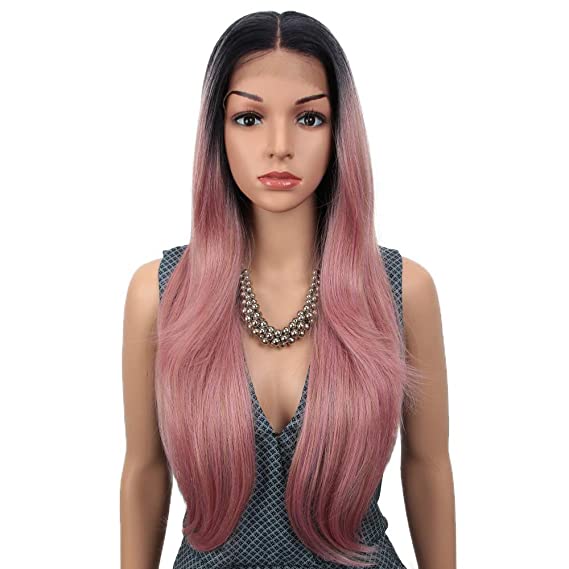 JOEDIR 28" Long Straight 13x4 Lace Frontal Wigs for Black Women Free Part Lace Front Wigs with Baby Hair Natural Hairline Ombre Black Root Easy-360 Synthetic Hair Wig Heat Resistant Fiber (Ombre Pink