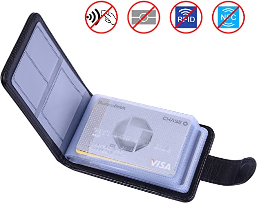 Wisdompro Credit Card Holder, Premium PU Leather Slim RFID Blocking Debit Card Protector Wallet Organizer Case with Magnetic Shut (Build in 20 Card Slot & 6 Small Cells for Memory Cards)-Horizontal