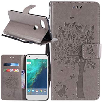 Google Pixel 2 XL Case, Linkertech [Card Slots & Wrist Strap] PU Leather Wallet Flip Pouch Case with Foldable Cover and Kickstand Feature for Google Pixel 2 XL (2017) (Gary)