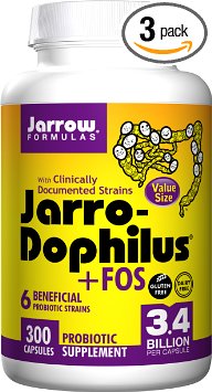 Jarro-Dophilus   FOS, Promotes Intestinal and Immune Health, 3.4 Billion Organisms Per Cap, 300 Count (Cool Ship, Pack of 3)