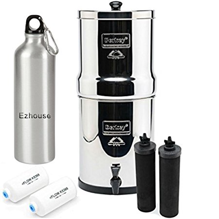 Big Berkey Water Filter System 2.25 Gallon with 2 Black Berkey Purifiers and 2 Fluoride Filters and a Ezhouse Aluminum Sports Bottle 25 Ounce