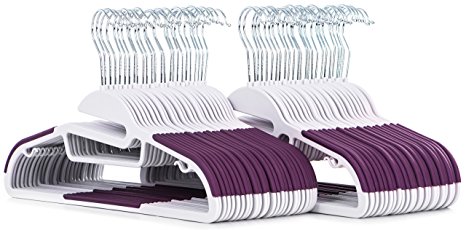 50 pc Premium Quality Easy-On Clothes Hangers - White with Purple Non-Slip Pads - Space Saving Thin Profile - For Shirts, Pants, Blouses, Scarves – Strong Enough for Coats