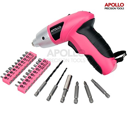 Apollo Pink 4.8V Electric Cordless Screwdriver with 600 mAh NiCad Battery & 26 Piece Screwdriver and Wood Drill Bit Assortment
