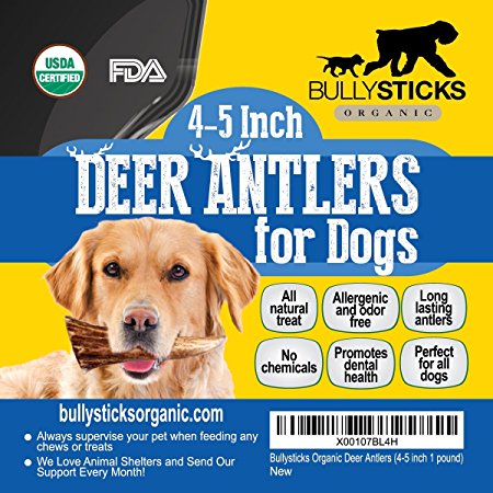 BullySticks Organic Deer Antler (1 pound)-Elk Antlers Dog Chews-Healthy Treats for Dogs-All Natural Gluten Free Dog Chew Toys-Safe, Hypoallergenic, Chemical Free Dental Chews-Healthiest, Long Lasting!