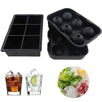 Ice Cube Trays Silicone Mold - Set of 2, Sphere Ice Ball Maker with Lid & Large Square Molds, Reusable and BPA Free (6 Round  6 Square)