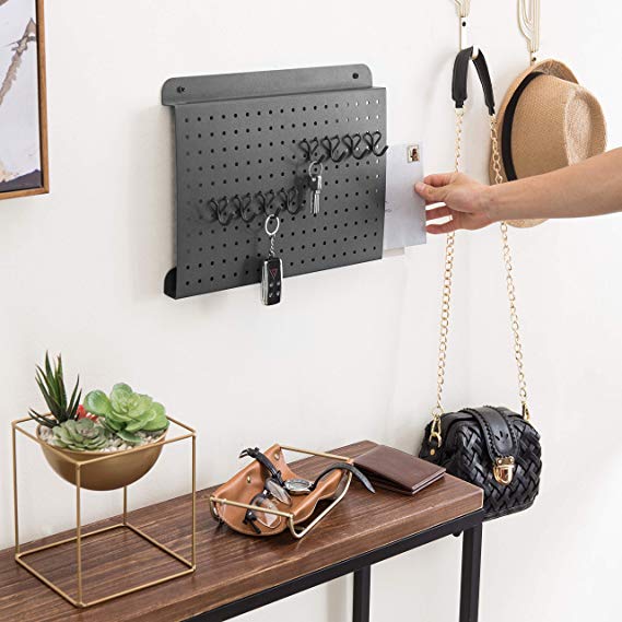 Modern Gray Metal Perforated Key Holder Mail Sorter/Wall-Mounted Utility Storage Rack with 8 Removable Hooks