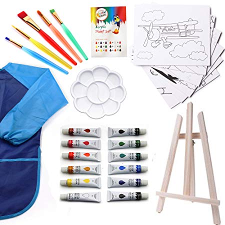 Watercolor Paint Set | Kids 27 Piece Art Kit with 5 Paint Brushes | 12 Washable Paint | Tabletop Easel | 8x10 Canvases for Painting Pre Drawn & Bonus Art Smock Palette and Color Mixing Chart