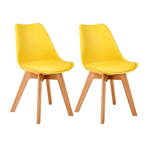 LSSBOUGHT Set of 2 Eames-Style Soft Padded Seat Dining Chairs with Solid Wooden Legs (Yellow)