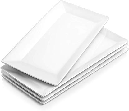 DOWAN 12 Inches Porcelain Serving Platters Rectangular Dinner Plates Stackable Serving Plates Set of 4 Serving Dishes - White