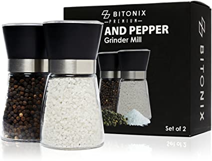 Bitonix Premium Salt and Pepper Grinder Mills (Set of 2) - Glass Spice Shakers with Stainless Steel Ring and Adjustable Ceramic Grinder - Black Gift Set (No spice included)