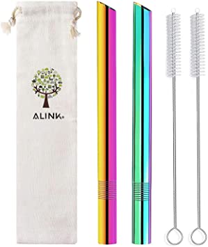 ALINK Reusable Boba Straws, 1/2" Wide Colored Stainless Steel Metal Smoothie Straws for Bubble Tea/Tapioca Pearl,2 Straws   2 Cleaning Brush   1 Case