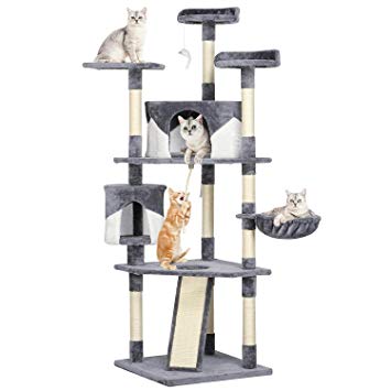 Yaheetech 79" Sturdy Cat Trees Condo with Sisal-Covered Scratching Posts, Plush Perches and Basket, Gray and White