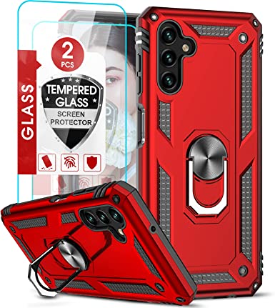 LeYi for Samsung Galaxy A13 5G Phone Case with 2 Pack Tempered Glass Screen Protector, Ring Kickstand for Women Military Bumper Hard PC Shockproof Full Body Protective Cover for Samsung Galaxy A13 Red