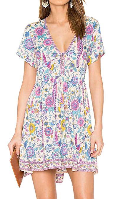 R.Vivimos Women Short Sleeve Floral Print V Neck Cotton Short Dresses