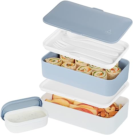 Restaurantware Bento Tek 41 oz Blue & White Buddha Box All-in-One Lunch Box - with Utensils, Sauce Cup - 7 1/4" x 4 1/4" x 4" - 1 count box
