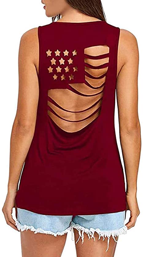 Women Casual American Flag Pattem Sleeveless T-Shirt Hollow Out Top Carved a Hole Sleeveless Tank