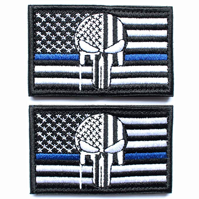 Bundle 2 Pieces - Punisher Skull American USA Flag Thin Blue Line Patch with Backing Black Decorative Embroidered Appliques