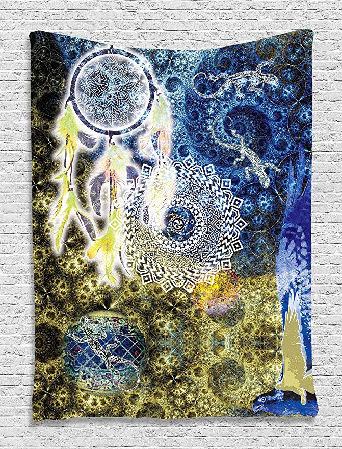 Ambesonne Asian Tapestry Mandala Decor by, Lace Batik Hippie Zen Yoga Large Dreamcatcher Lizards Wall Hanging Dorm Asian Style Tapestry Bedroom Living Room Decorations, Yellow Blue White