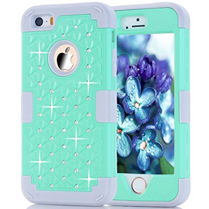 Hocase Hard Polycarbonate and Silicone Rhinestone-Studded Bling Bumper Case for Apple iPhone 5 / 5s / SE - Aquamarine / Grey