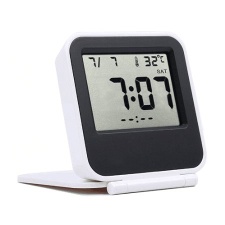 Samshow Travel Alarm Clock with Date / Week / Temperature / Repeating Snooze / Blue Nightlight (White/Batteries Included)
