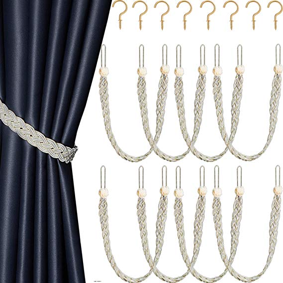 8 Pieces Braided Curtain Tiebacks Rope Belt Curtain Ties with 8 Pieces Hooks Metal Curtain Tieback Hooks for Window Curtain Accessories (16, Beige)