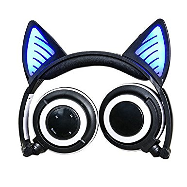 Wireless Bluetooth Cat Ear Headphones,SNOW WI Flashing Glowing Cosplay Fancy Cat Headphones Foldable Over-Ear Earphone with LED Flash light for iPhone 7/6S/iPad,Android Mobile Phone,Macbook (Black)