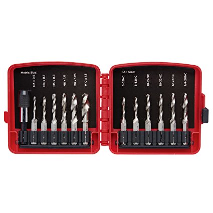 Neiko 10059A Combination Drill and Tap Bit Set with Quick Change Adapter, 13 Pieces | SAE/Metric