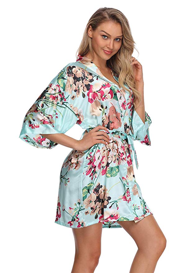 Women's Floral Satin Kimono Robes Short Bridesmaid Robes for Wedding Party