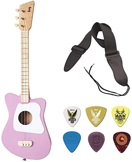 LOOG Mini Guitar for Children (Magenta) with GSA10BK Guitar Strap (Black) & Guitar Pick Assortment 6-Pack Bundle