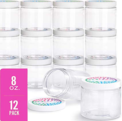 Slime Containers with Lids - 12 Pack - Small Plastic Containers for Slime Supplies 8 oz - Slime Jars with Writable Water Resistant Labels Made in The USA - BPA Free.