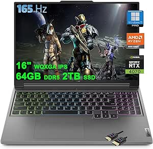 Lenovo Legion Slim 5 Gaming Laptop | 16" WQXGA 165Hz 100% sRGB 350nits | AMD Zen4 8-Core Ryzen 7 8845HS (&gt;i7-12700H) | 64GB DDR5 2TB SSD | GeForce RTX 4070 Graphic | Backlit Win11Pro Grey + HDMI Cable