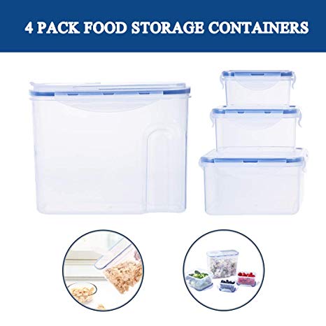 Cereal Flip Container & Square Rectangular Container, BPA Free Airtight Lids Plastic Food Storage Container, Dry Food Keepers for Kitchen, Microwave Freezer and Dishwasher Safe (Set of 4)