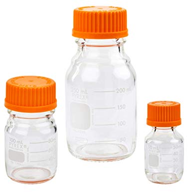 Corning PYREX #1395-SET, Round Media Storage Bottle Set, with GL45 Screw Cap, 3 Sizes - 50, 100, and 250ml