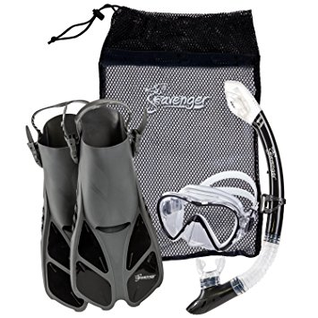 Seavenger Adult and Junior Diving Snorkel Set- Dry Top Snorkel / Trek Fin / Single Len Mask / Gear Bag- Blue/red/yellow/black/bs